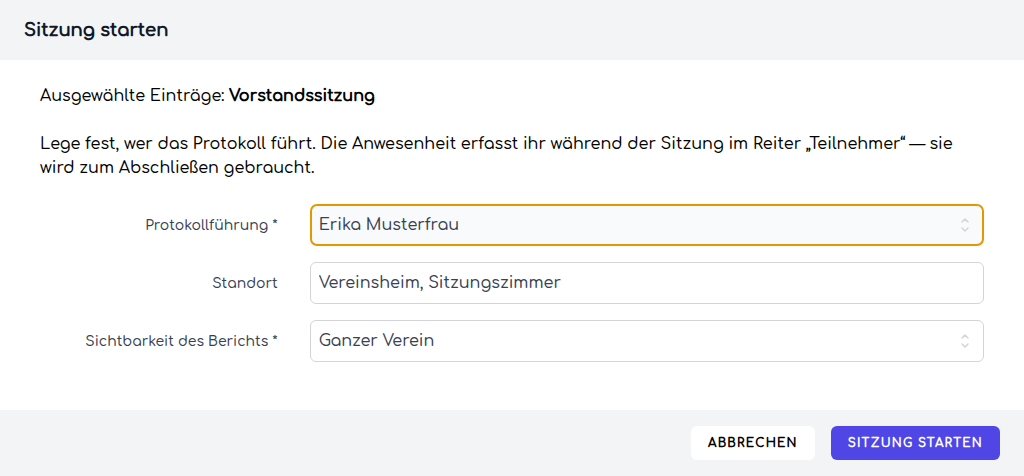 Dialog zum Starten einer Sitzung