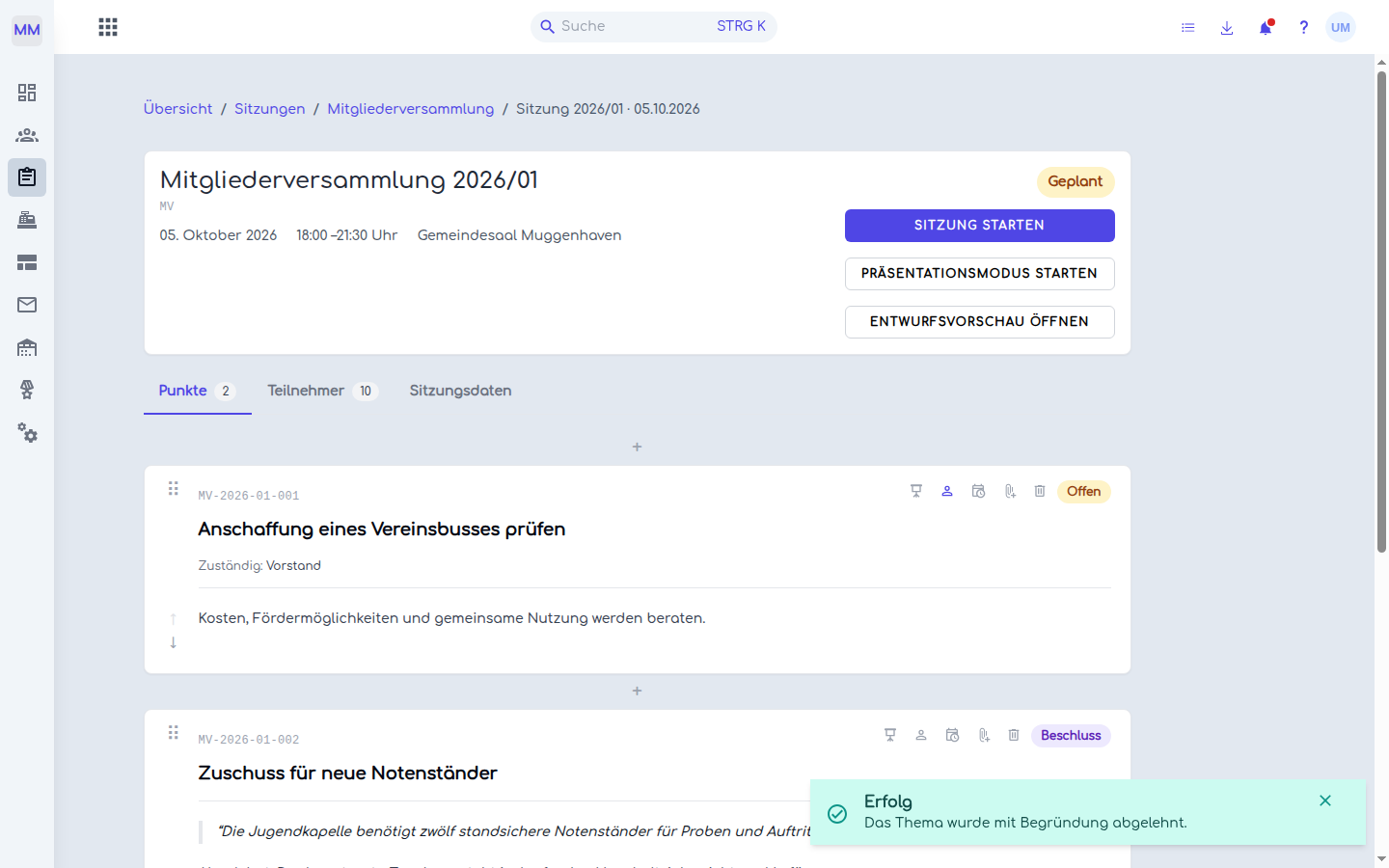 Der Vorschlag als entschiedener Punkt im Sitzungseditor