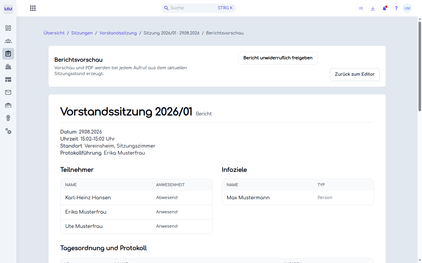 Die vollständige Vorschau eines abgeschlossenen Sitzungsberichts